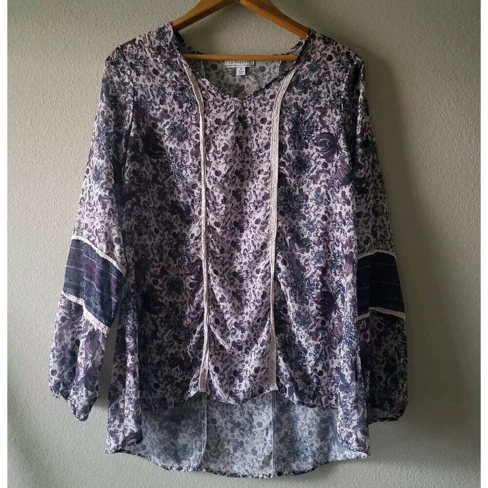LA Threads Boho Floral Embroidered Peasant Top Flared Sleeves Hi Low Hem Size M